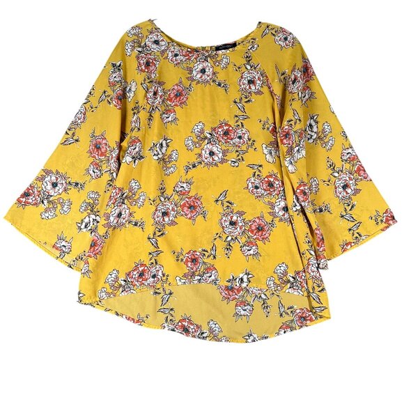 Papermoon Womens Large Yellow Floral Round Neck Wide Sleep Pullover Blouse - Picture 1 of 9